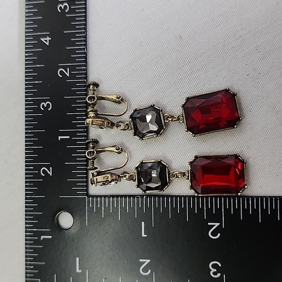 Vintage Clip on Drop Earrings Ruby Red Smokey Grey Crystal - Picture 7 of 7